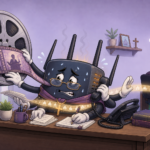 Cartoon of a hot and flustered church router acting as an overworked secretary, juggling an oversized incoming video, telephone and paperwork while carefully handling the church’s outgoing livestream.