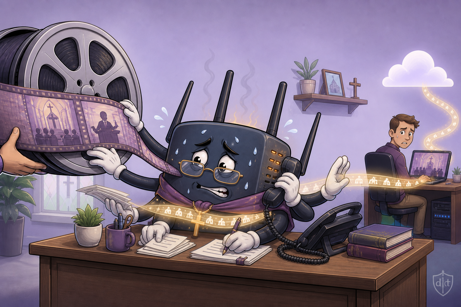 Cartoon of a hot and flustered church router acting as an overworked secretary, juggling an oversized incoming video, telephone and paperwork while carefully handling the church’s outgoing livestream.