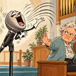 Cartoon of an operatic microphone belting out a note that cracks the stained glass, while an annoyed older organist raises a hand for it to stop.