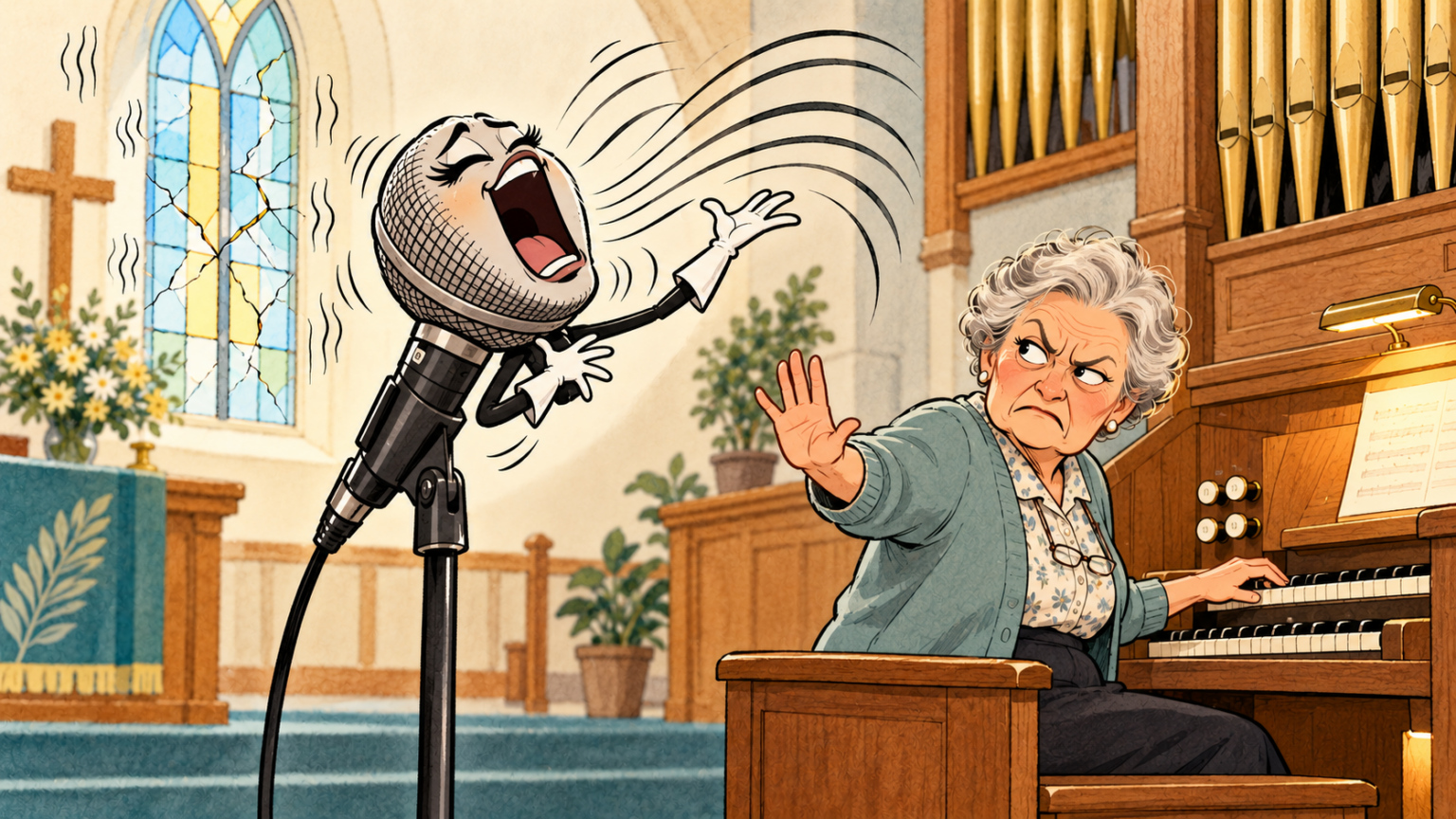 Cartoon of an operatic microphone belting out a note that cracks the stained glass, while an annoyed older organist raises a hand for it to stop.